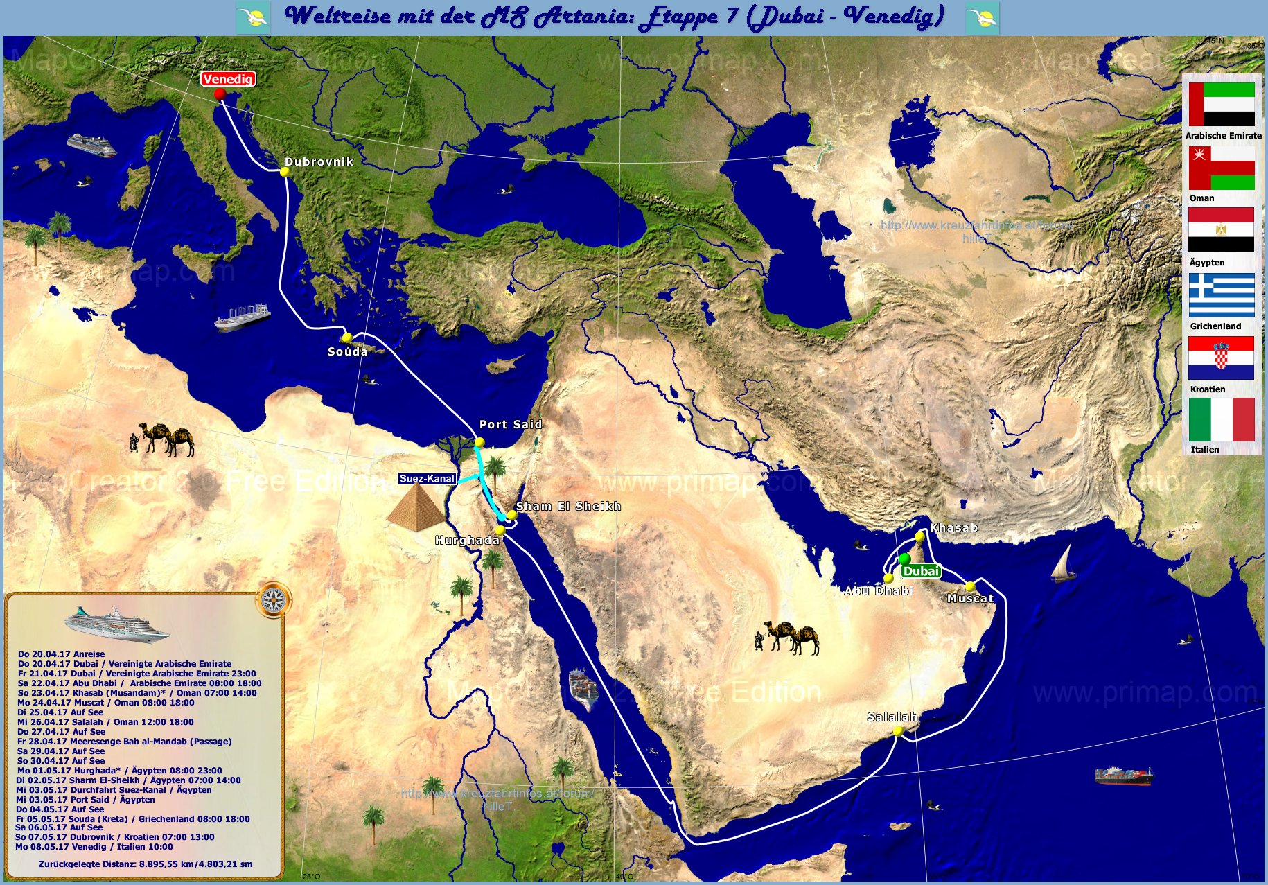 Karte:Etappe 7 - Arabische Emirate & Oman bis nach Venedig 